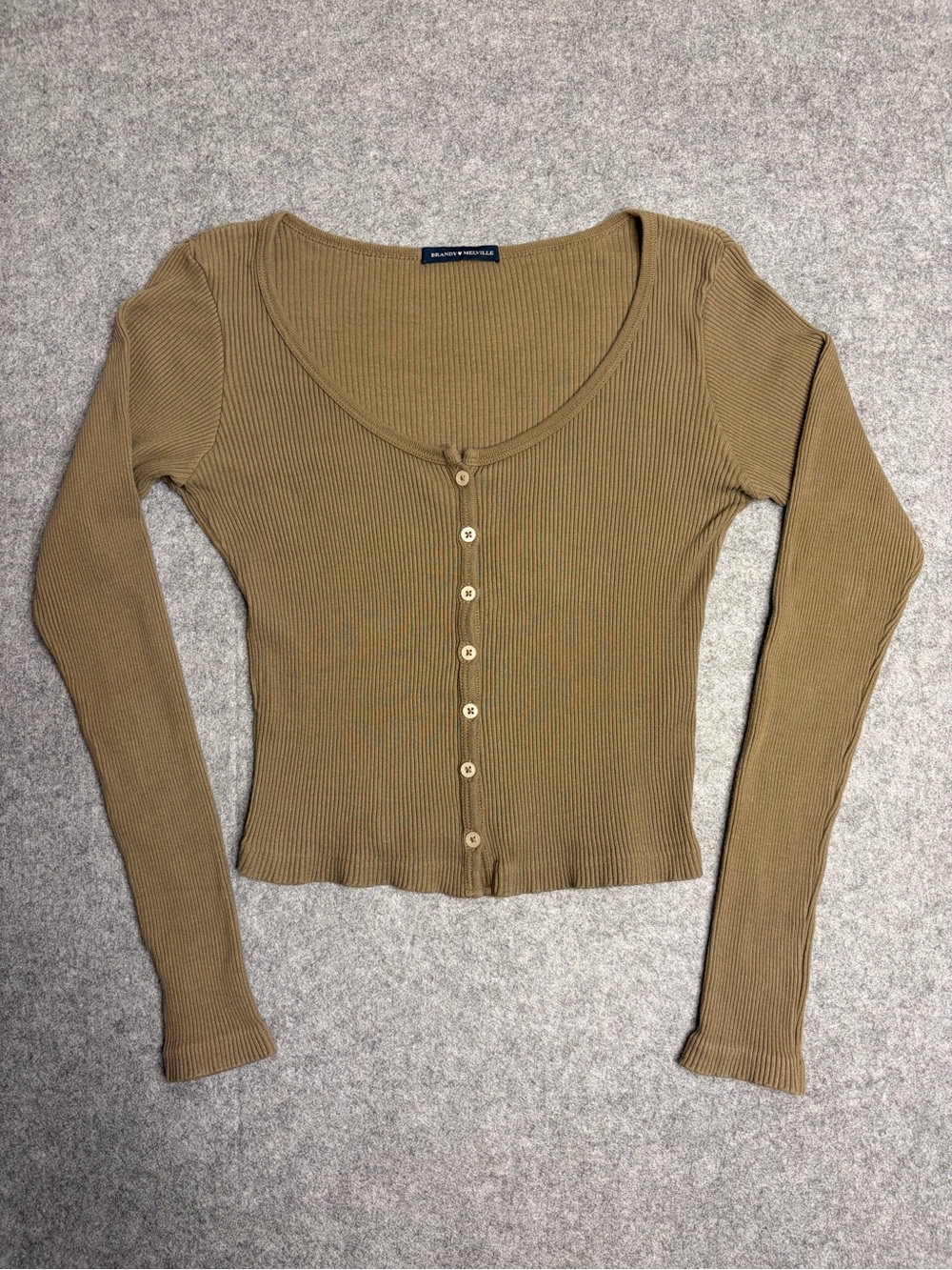 Brandy Melville Taupe Button-Front Ribbed Long Sleeve scoop neck crop Top